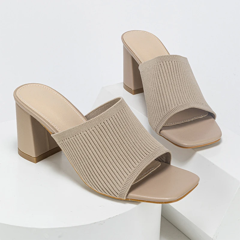 Square Toe Knitted Elastic Fabric Women's Slippers Thick Heels Pumps 35-42 Plus Size Comfortable Genuine Leather Shoes For Women