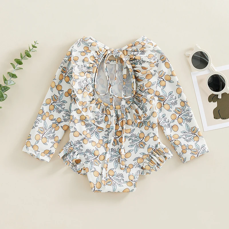 Toddler Baby Kids Girls Summer Swimsuits Floral Print Long Sleeve Ruffles Jumpsuit Swimwear Beachwear Bathing Suits children swimwear swimsuit one piece