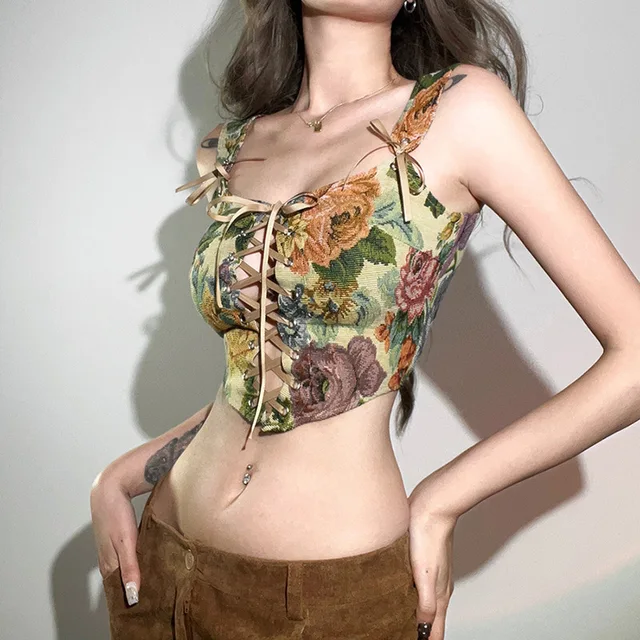 Vintage Floral Print Corset Top Women Sexy Hollow Out Lace