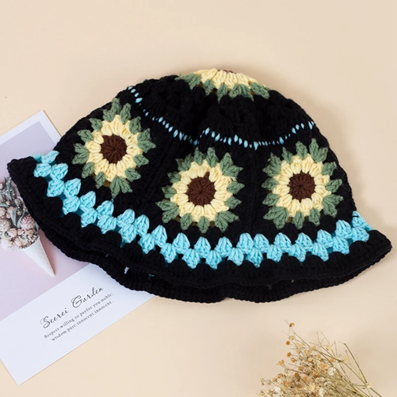 

Women Crochet Bucket Hats Floppy Fisherman Hats Sunflower Beanie Caps Travel Beach Hiking Hat