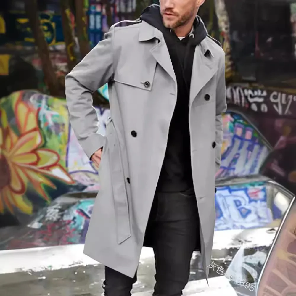 Spring Autumn Cross-border Long Sleeve Men's Lapel Double Row Button Casual Durable Jacket Medium-length European Men's Overcoat