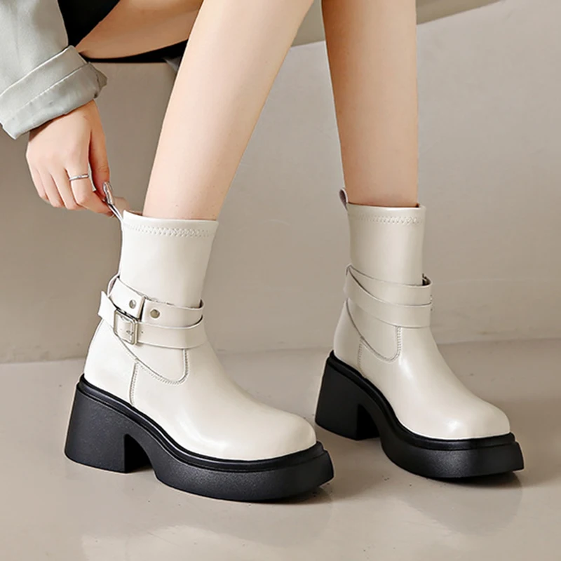 Women's Fashion Thick-soled Thick-heeled Boots For Four Seasons New Thin Section Thin Boots Mid-tube Elastic Casual Boots 35-40