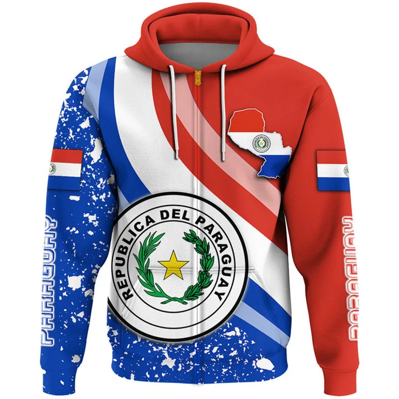 thumbnail image 1 of Sudadera con capucha y cremallera con estampado de bandera de Paraguay para hombre, sudaderas retro con estampado 3D, moda informal, jersey de gran tamaño con cremallera, camisetas de manga larga, 1 of 4
