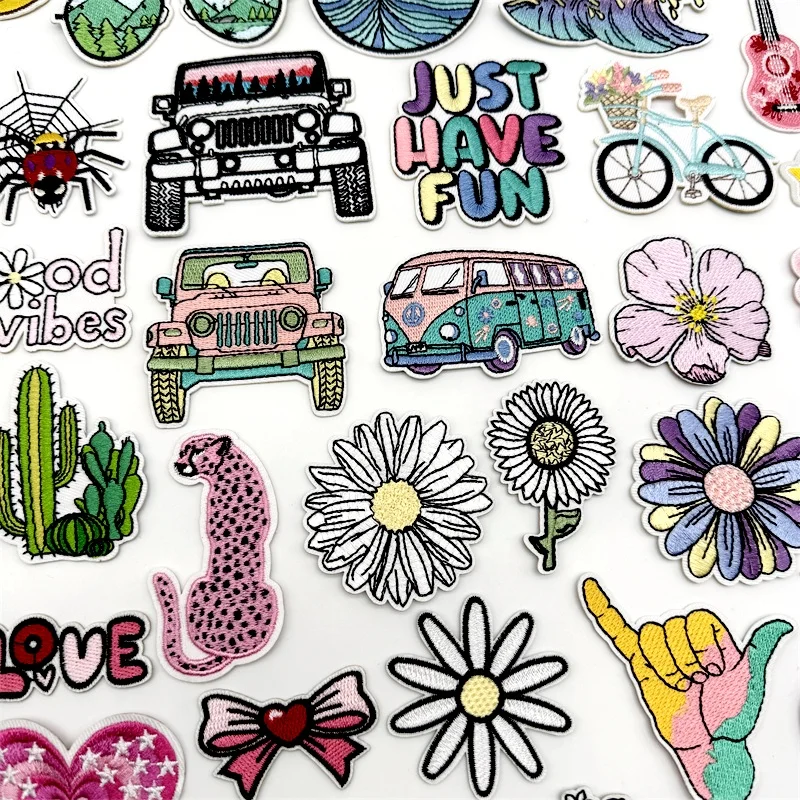 Cartoon Flowers Embroidered Patch Outdoor Iron On For Clothing DIY Embroidery On Clothes Sewing Stickers