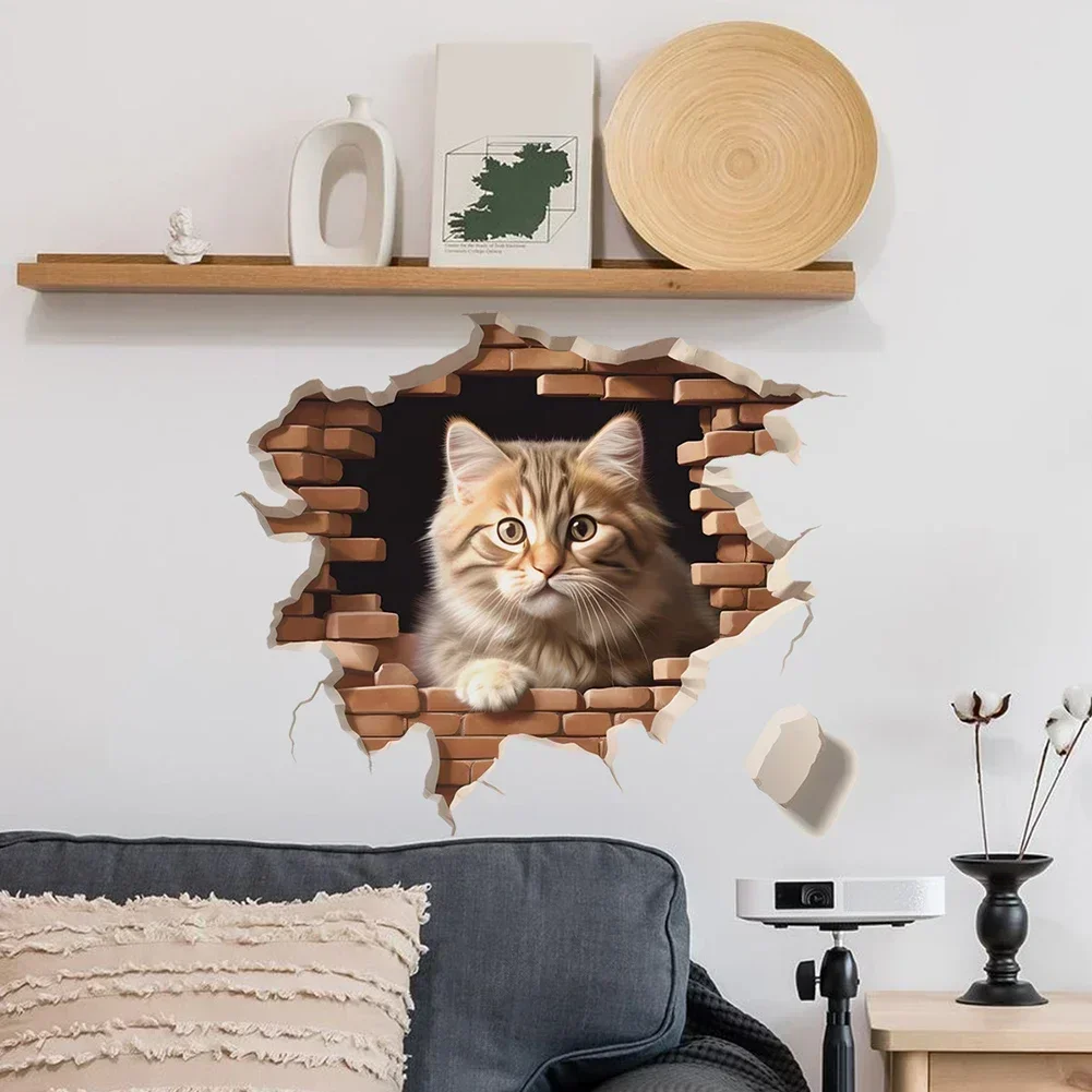 3D Cats Wall Sticker Hole View Bathroom Living Room Decoration Home Decor Animal Vinyl Decals Art Poster Cute Toilet Stickers wall stickers wall sticker home decoration accessories