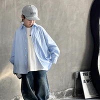 الكورية الاطفال الأزرق العمودي مخطط الخريف قميص لصبي التصميم الكلاسيكي طويلة الأكمام قميص بلوزة الأطفال ملابس كاجوال سن 3-14 5