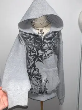 American Retro Original Grey Skull Cotton Youth Hooded Coat Female 2025 Antique Street Sweater Couple Long Sleeve Clothing