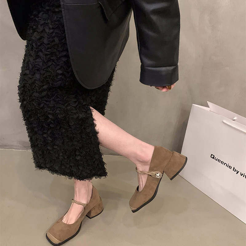 Vintage Black Women Mary Jane Shoes Fashion Shallow Square Toe Shoes Ladies Elegant Dress Thick Heel Shoes 5