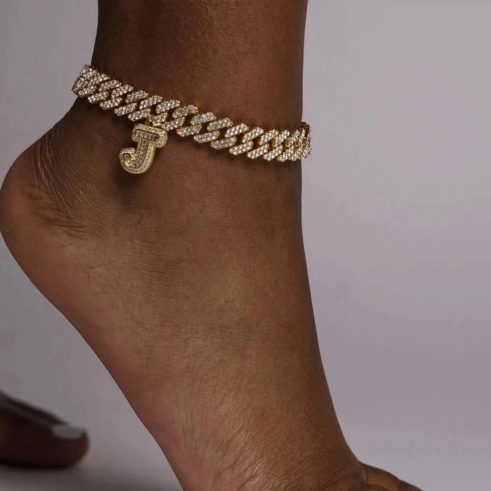 

New 14MM Iced Out Cuban Chain 26 Initial Letter Anklets for Women Bling Paved Rhinestone Hip Hop Ankle Bracelet Barefoot Jewelry
