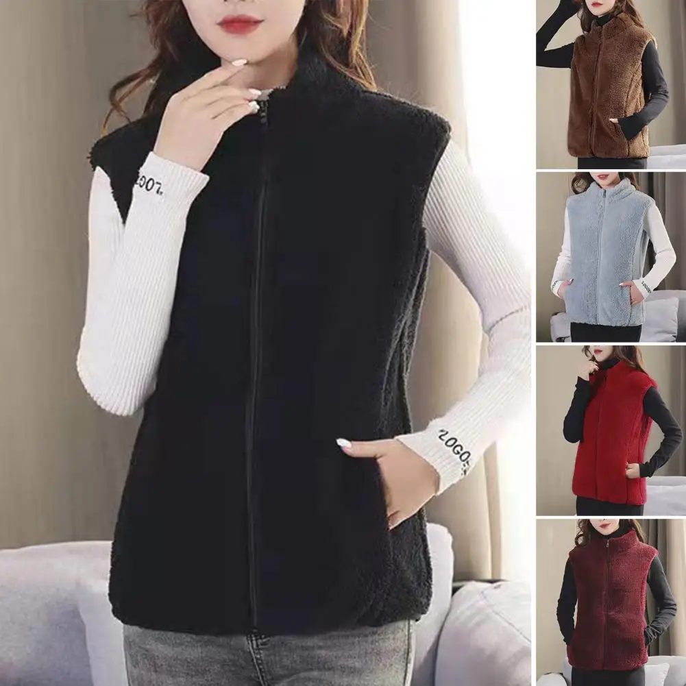 

2023 Autumn Winter Polar Fleece Vest Women Coat High Collar Zipper Sleeveless Jacket Warm Coral Velvet Vest Female Waistcoat 3XL