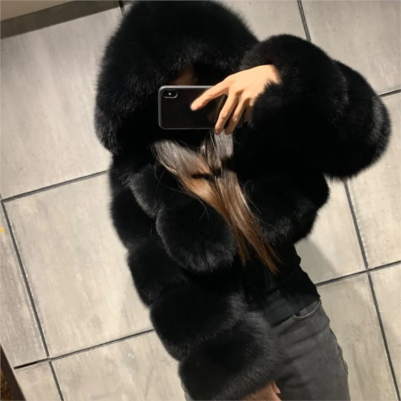 

S-6XL Women Jacket 2024 Fashion Autumn Winter Faux Fur Cropped Coat Fluffy Zip Hooded Warm Short Jacket