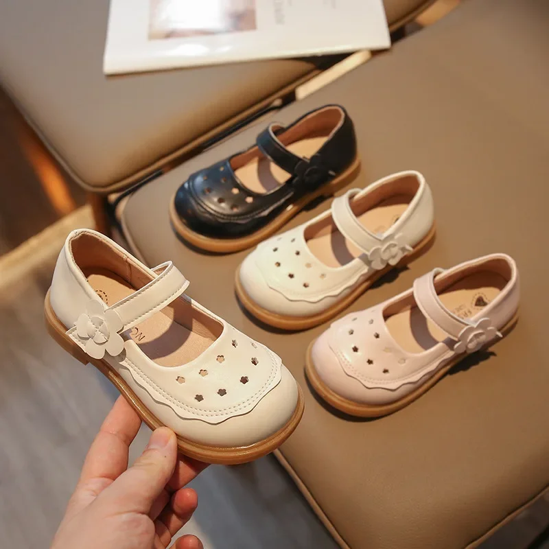 

Spring Autumn Children's New Hollow Breathable Soft Sole Leather Shoes for Girls' Fashion Round Toe Comfortable Princess Shoes