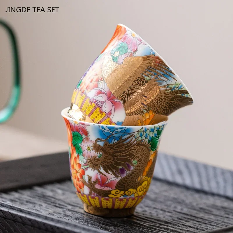 1PCS 50ml Ceramic Teacup Palace Dragon Phoenix Gilded Ceramic Teacup Portable Personal Single Cup Traditional Tea Set