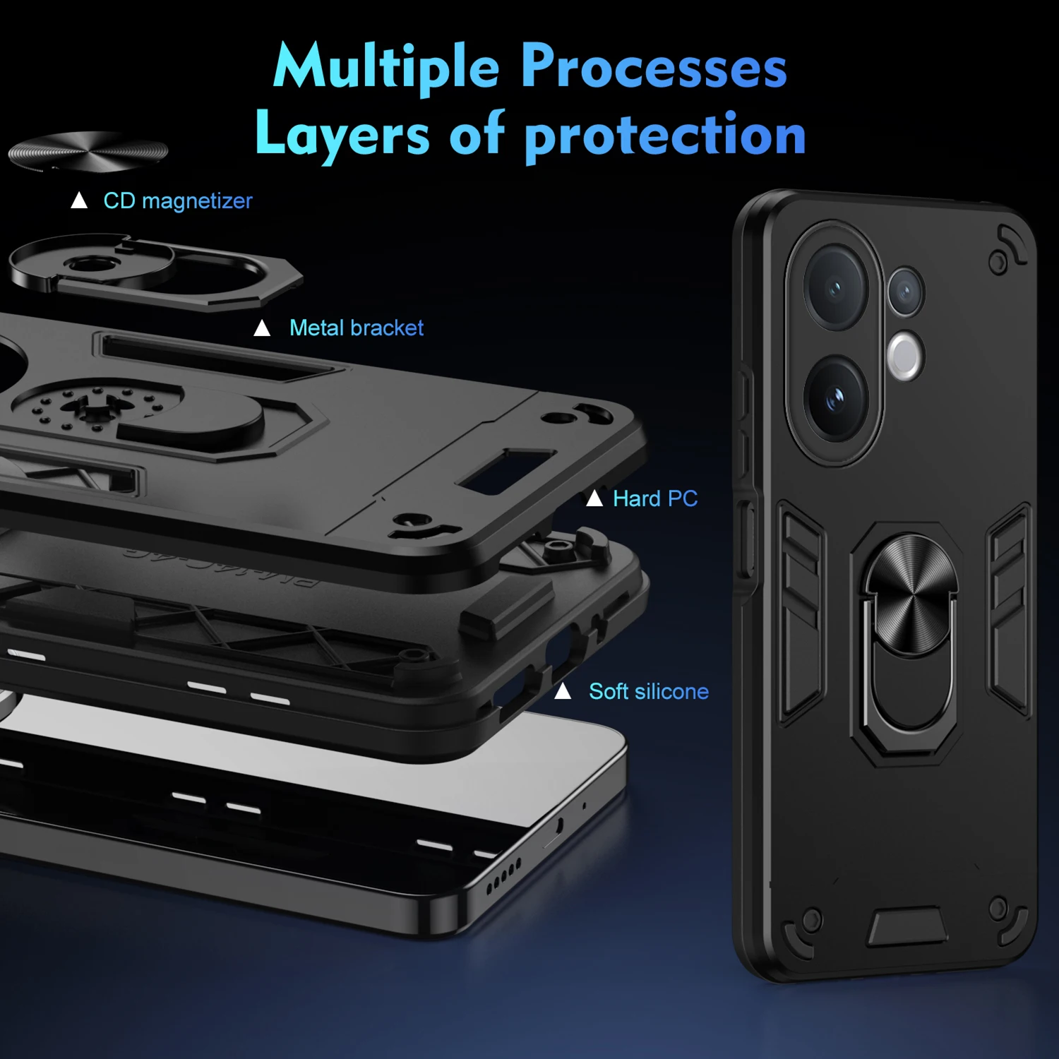 Rugged Shockproof Phone Case with Magnetic Ring Holder and Dual-Layer Protection