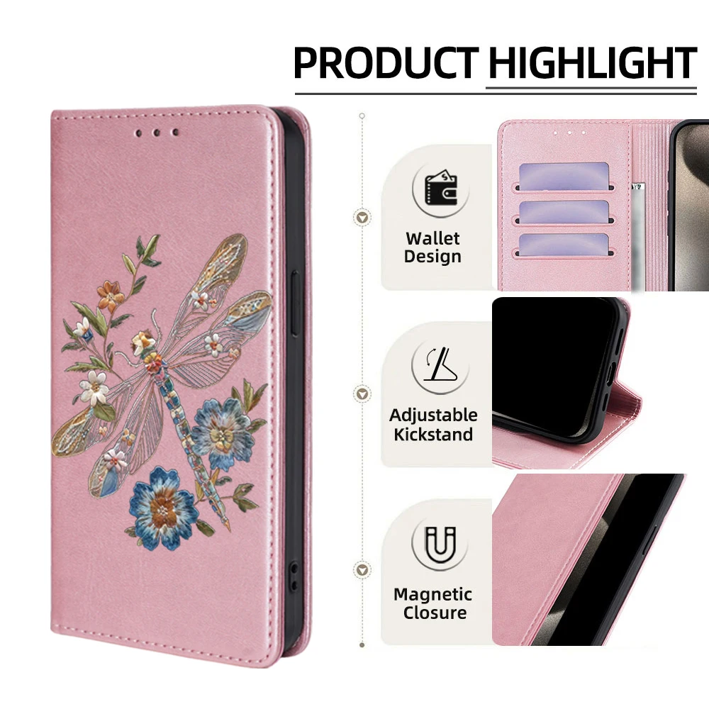 Dragonfly Flower Pattern Leather Flip Cover