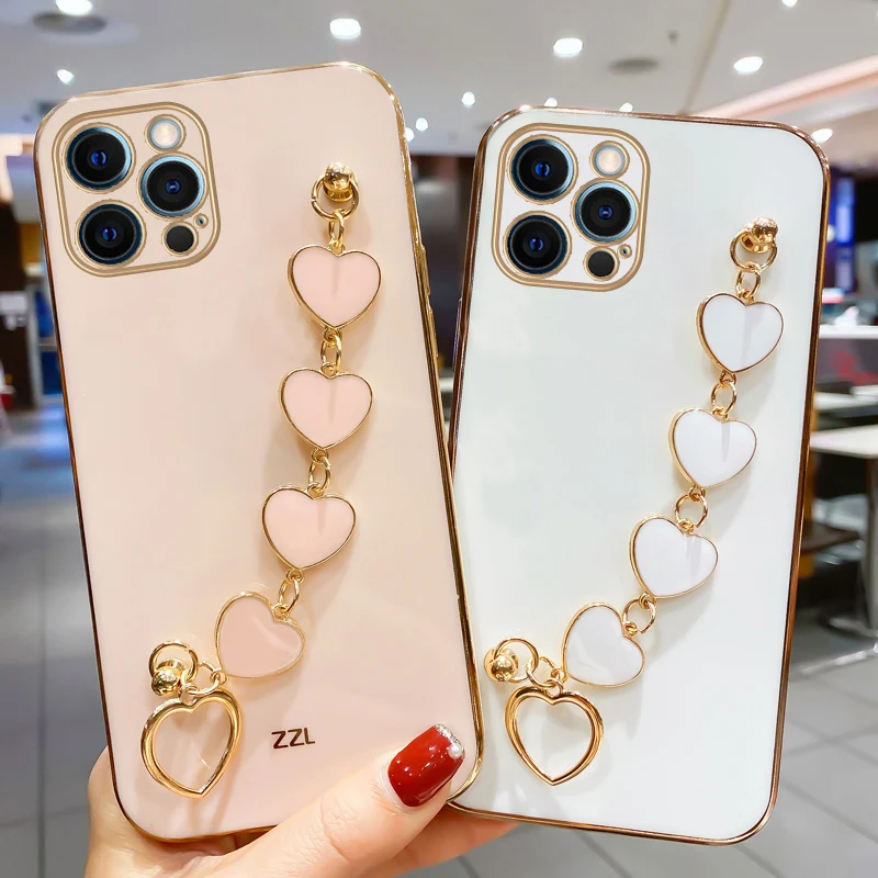 

Luxury Love Heart Bracelet Case For iPhone 14 13 12 11 Pro Max X XS XR 7 8 Plus 13 mini 12 mini Fashion Plating Wrist Band Cover
