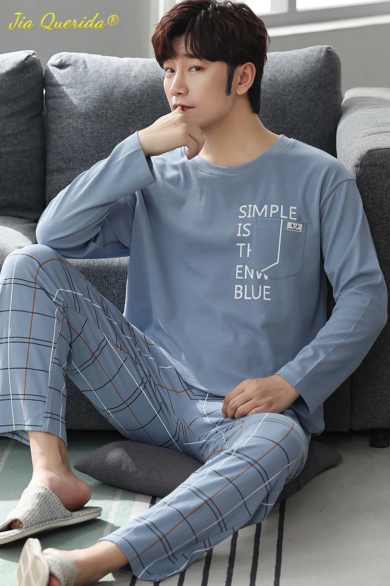 Autumn Winter New Pajamas for Men Plus Size L-4XL Boy Pajama Set Fashion Leisure Male Sleepwear Cotton Round Neck Pijamas Sets silk pj set Men's Sleep & Lounge