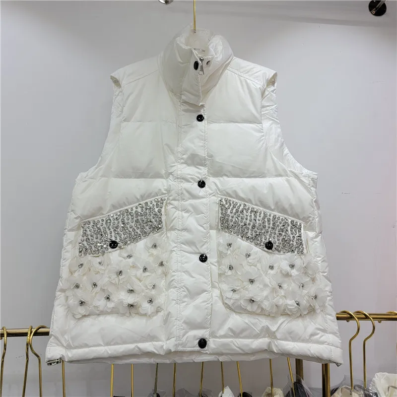 

Diamond Flowers Decoration Big Pocket Short Down Cotton Vest Autumn Winter Women Stand Collar Sleeveless Warm Cotton Waistcoat