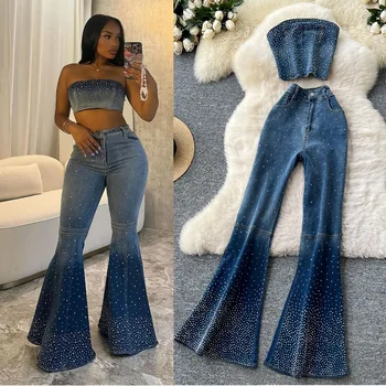 Denim Pant Set Women Two Piece Sets Sexy Matching Sets Sleeveless Short Tops Long Flare Pants High Waist Slim Hot Diamond 1