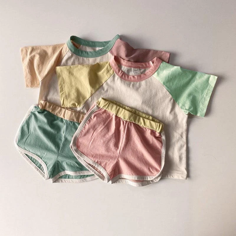 2pcs Baby Boys Girls Outfits Sets Summer Fashion Short Sleeve Kids T-shirts + Shorts Stitching Color Clothing Clothing Sets	