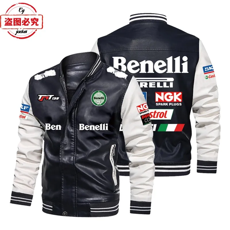 Benelli motorcycle LOGO cycling jersey color-blocked washed pu leather men's Benelli bomber jacket 3