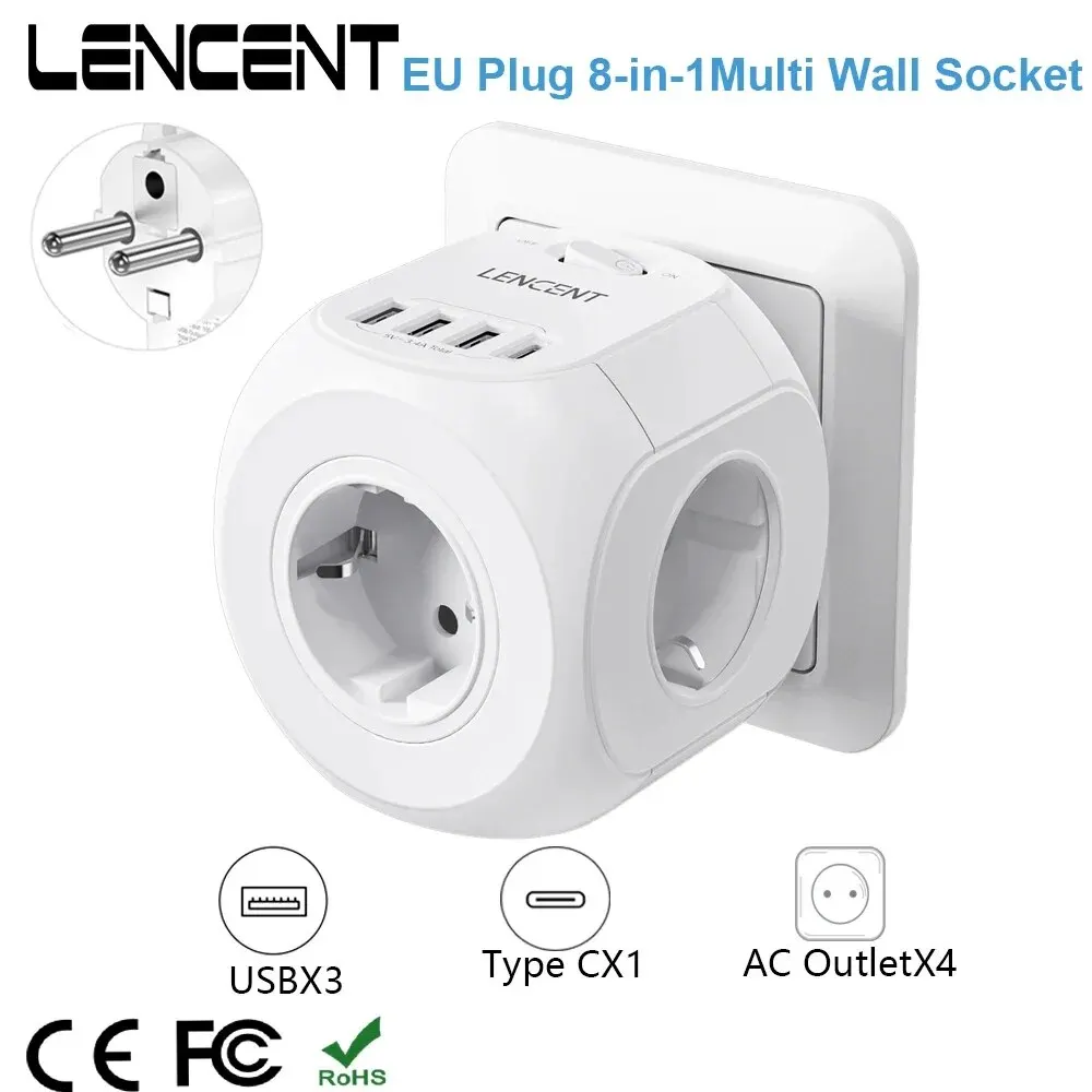 Wall Socket Extender LENCENT EU Plug Wall Socket Extender 8-in-1