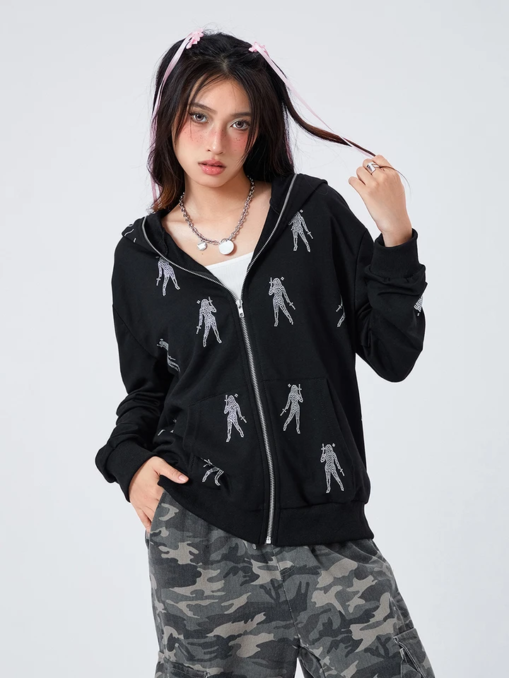 Women Spider Web Rhinestone Hoodie Pullover Sweatshirt