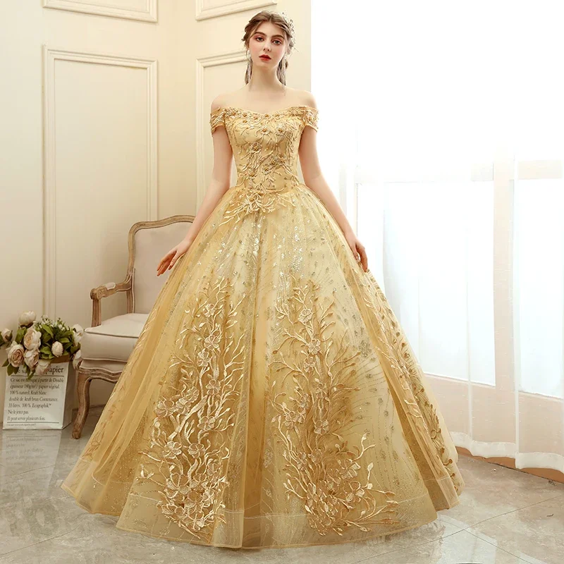 Off The Shoulder Party Gold Quinceanera Dress New Prom Dress Ball Gown Vintage Lace Quinceanera Gown Plus Size