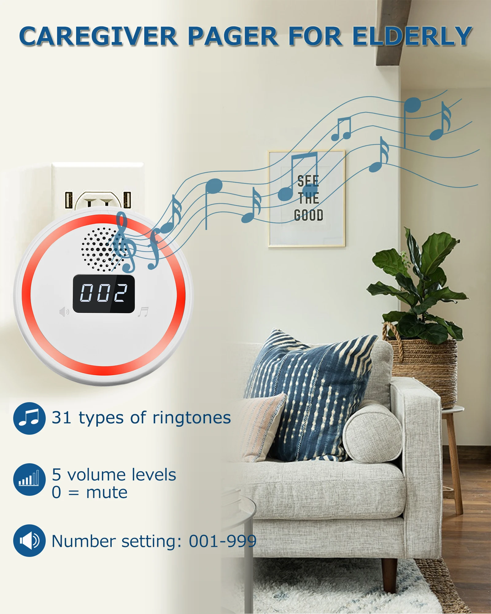 Elderly Call Button Wireless Caregiver Pager System with Light Personal Buzzer Alarm 2 Portable Transmitters 1 Plugin Receiver
