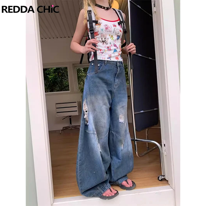 

ReddaChic Destroyed Dirty Wash Baggy Jeans Women Vintage Blue Inverted High Waist Patchwork Wide Leg Denim Pants Y2k Streetwear