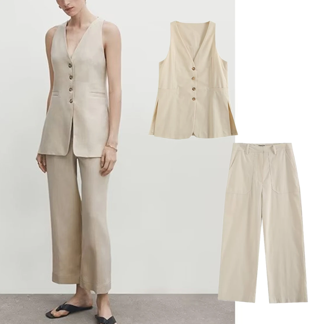 Maxdutti Fashion Ladies Sets French Retro  Pants Suit Women Simple Beige Cotton Linen Vest Suit Country Style Straight Casual радиоприемник bamboowood retro beige