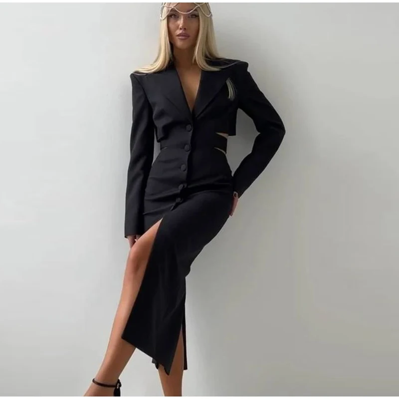 Elegante traje liso, vestidos largos para mujer, vintage, ajustado, sin espalda, con solapa y botonadura sencilla, vestido de otoño para mujer, versátil, para oficina y ropa de calle.