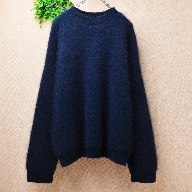 

Female Women Spring Autumn Clothing Hairy Mink Cashmere Knitted Long Sleeves O-Neck Loose Pullover Jumper Angora Fur Sweater Top