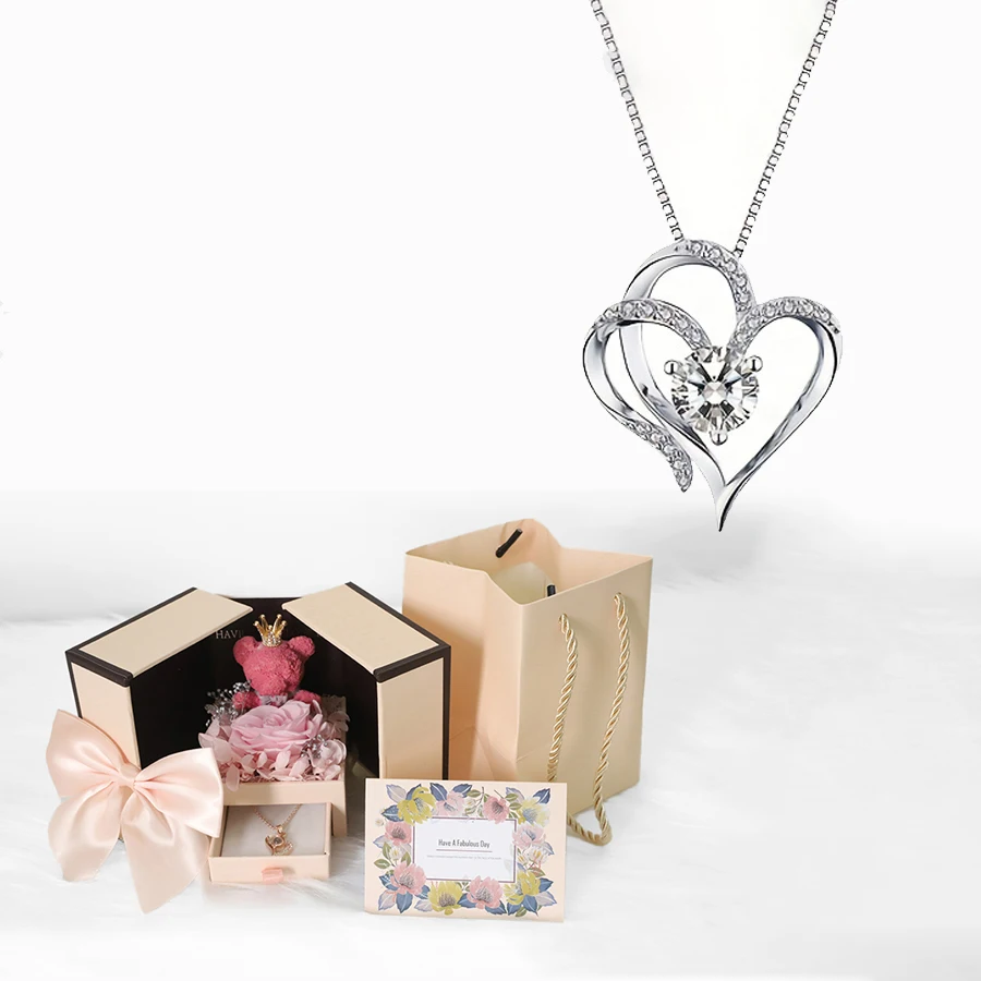 

Luxury Zircon Love Heart Necklace With Cute Bear Rose Gift Box For Girlfriend Mom Wife Romantic Gifts 2024 Elegant Accessories