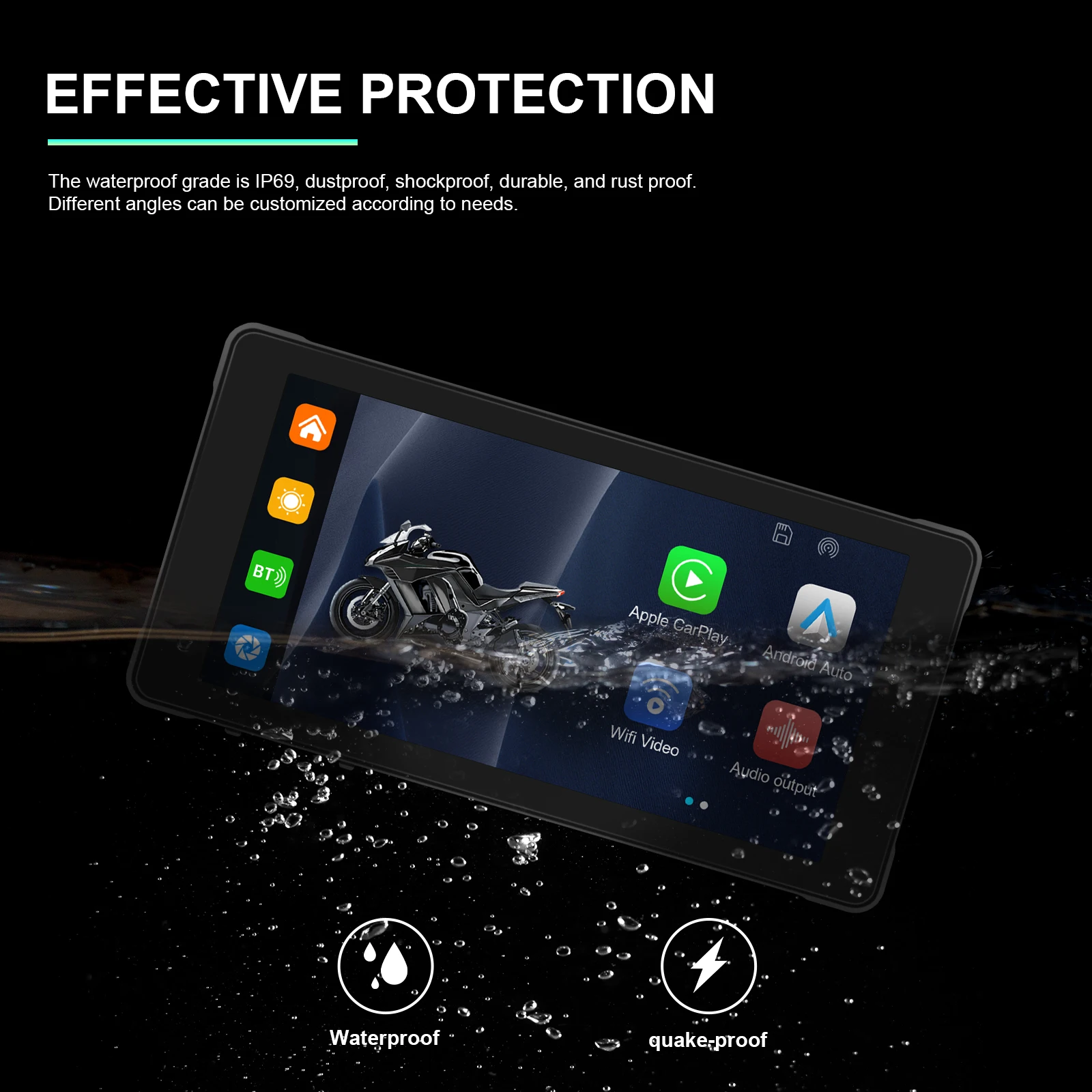 Podofo 5.5\'\' Motorcycle Portable IP67 Waterproof Wireless Carplay Android Auto Car Monitor Bluetooth WIFI DVR Drive Recorder