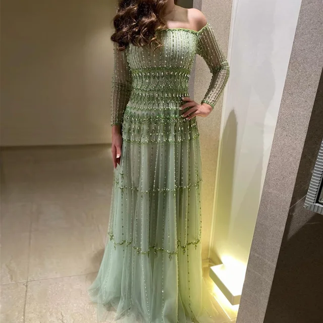 Sharon Said Off Shoulder Sage Green Luxury Dubai Evening Dresses Long Sleeves Arabic Women Wedding Party Gowns SS588 Customized 1