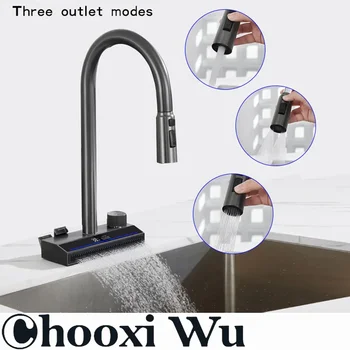 ก๊อกน้ำห้องครัวทองแดงแท้แบบดึงออกได้ รุ่นน้ำตกฝนบานเย็น ดีไซน์ทันสมัย สำหรับอ่างล้างจานแบบรูเดียว น้ำร้อนน้ำเย็น 1