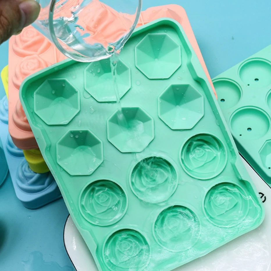 12 Grid Ice Cube Trays Rose Diamond Shape Ice Reusable Silicone Ice Cube  Mold Bpa Free Ice Maker With Removable Lids -c