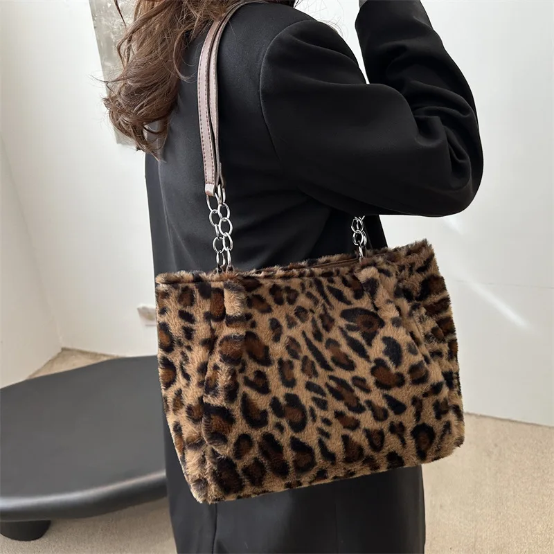 New Leopard Print Fur Bags Women Fashion Portable Faux Fur