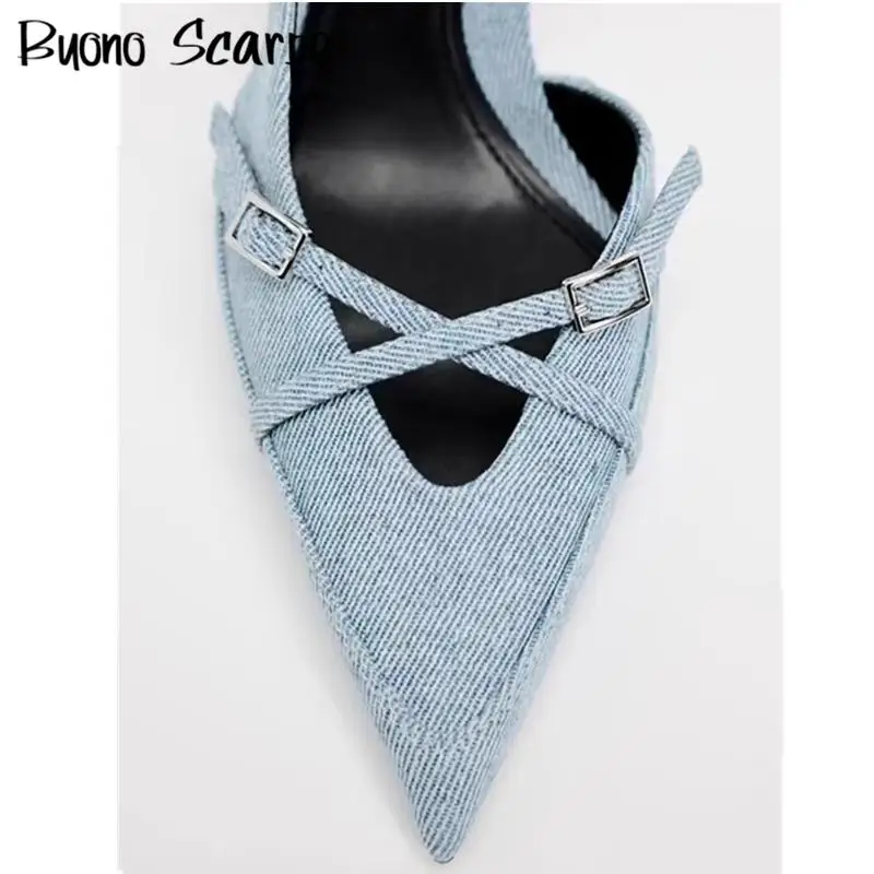 Luxury Brand Designer Women Sandals Pointed Toe Thin High Heel Buckle Strap Denim Mules Sexy Party Single Shoes Female All Match