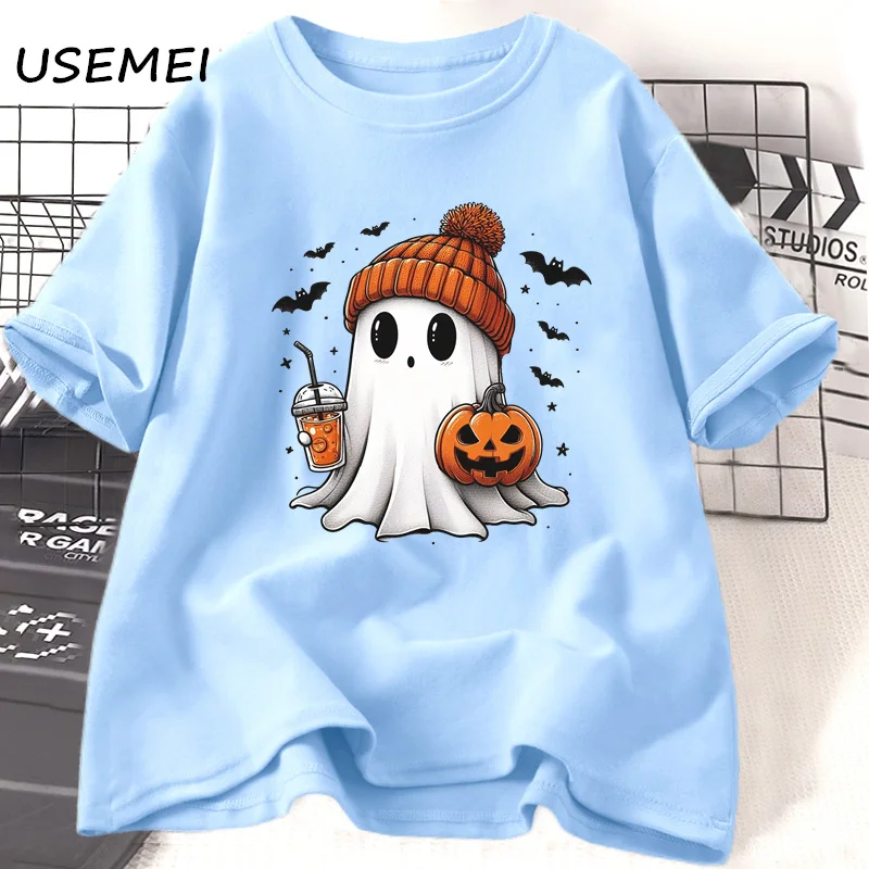 thumbnail image 1 of Camiseta de algodón con estampado de fantasma para mujer, camisa de manga corta con estampado de café, ropa Unisex, temporada de otoño, 1 of 5