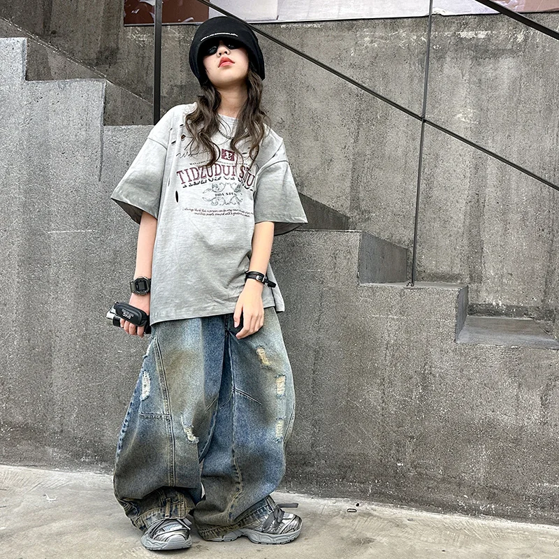 Pantaloni Jeans Larghi Outfit Jeans Ragazza Strappati SEAUR Girls