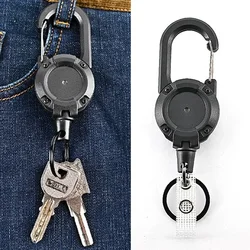 Retractable Heavy Duty Carabiner Keychain with Strong Steel Wire Rope and Spring Buckle (Black)