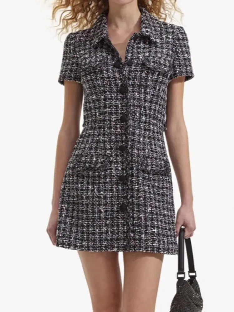 

Women Houndstooth Dress Single Breasted Short Sleeve Turn-down Collar Vintage 2024 Summer Mini Robe