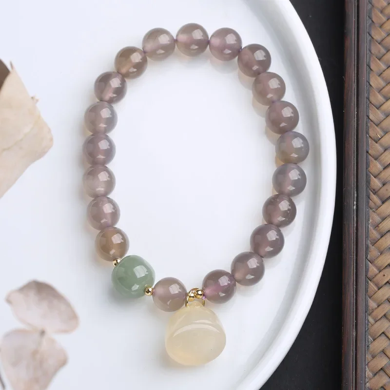 

Natural Grey Onyx Bead Bracelet For Women Hetian Jade Barrel Bead White Chalcedony Lotus Pendant Bracelet Buddhist Yoga Jewelry