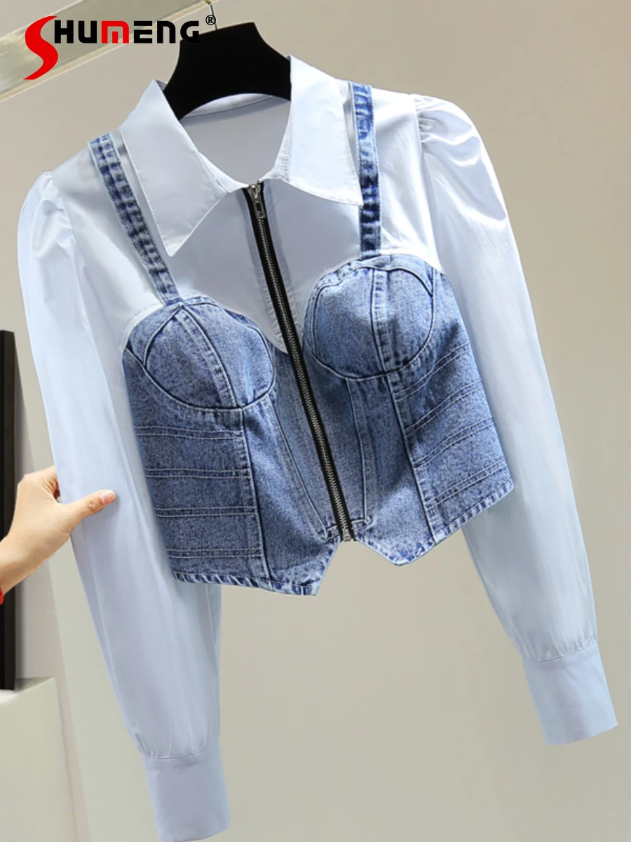 Fashion Denim Stiching Shirts 2024 Spring Slimming High Waist Long-Sleeve Contrast Color Slim Fit Zipper Shirt Women’s Clothes