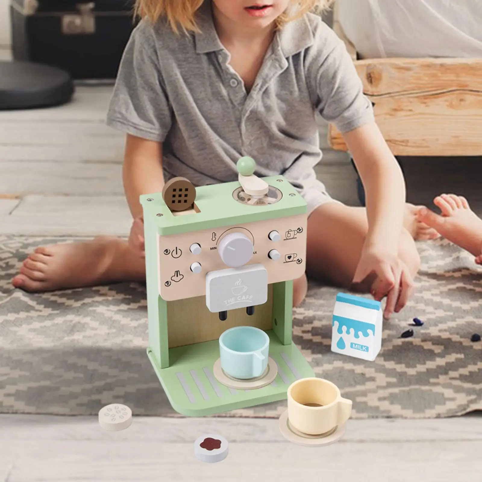 【support】 Wooden Coffee Maker Playset Cafe Cookware Espresso Machine for Kids Children