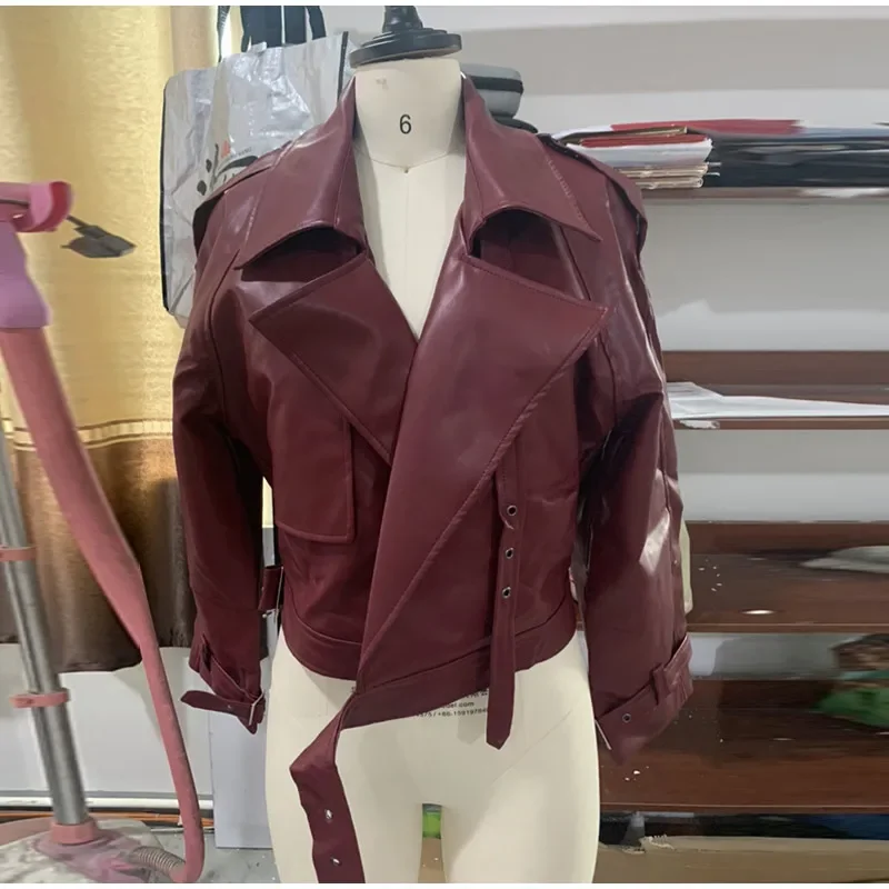Casual Leather Short Leather Jacket With Belt Lapel Long Sleeved Cropped Coat New Fashion Lady Street Party New Outwears _
