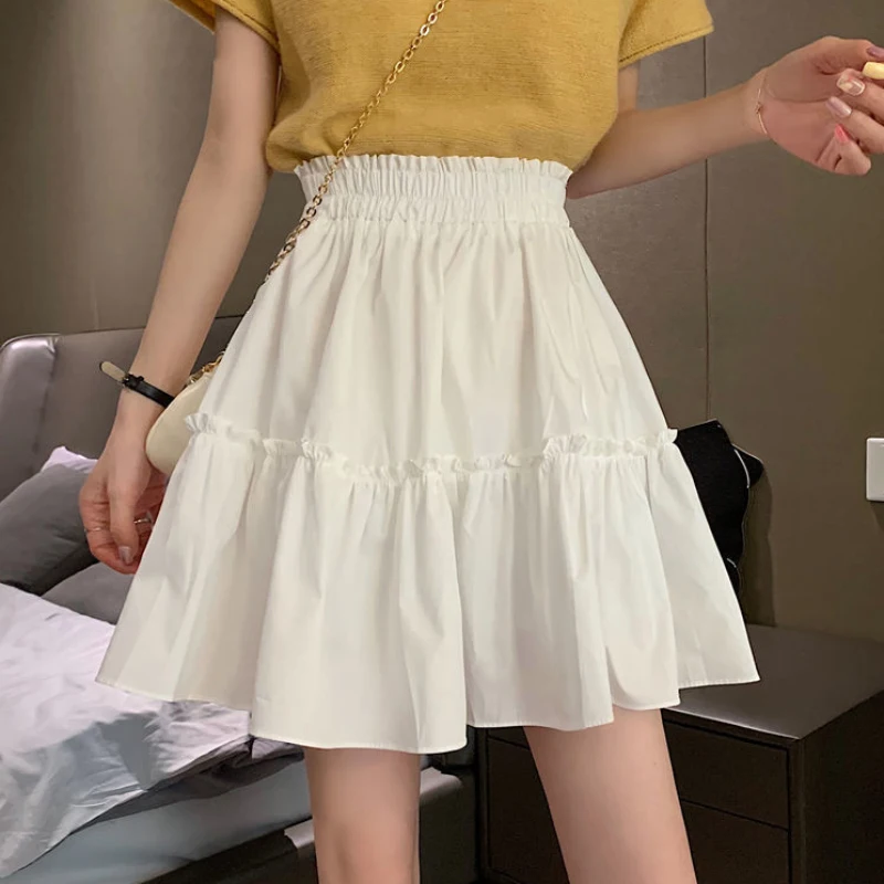 JMPRS Elegant White Women Mini Skirt Elastic High Waist A Line Fashion Ruffles Student Skirts Summer Black Casual Ladies Skirts pleated midi skirt