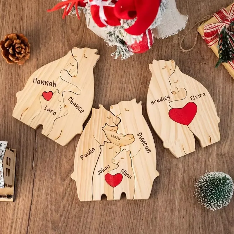 Cozy Bear Family Wooden Sculpture - Handcrafted Desk Decor & Gift Ornament